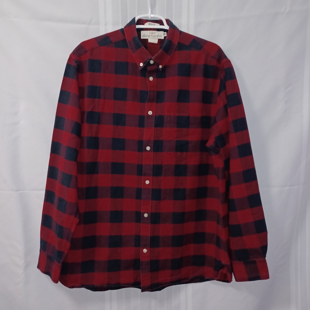 H&M L.O.G.G. Button Down Shirt Mens XL Red Navy Buffalo Plaid Cotton Flannel